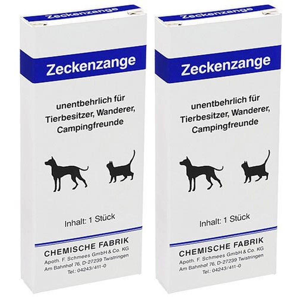 Zwei Packungen Zeckenzange mit Abbildungen von Hund und Katze. Inhalt: 1 Stück pro Packung.