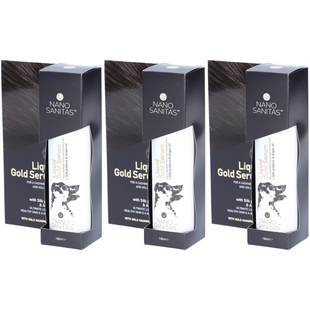 Drei Packungen NanoSanitas Liquid Gold Serum mit Schachteln. Jede Packung enthält eine weiße Tube mit schwarzer Schrift und einem Bild.