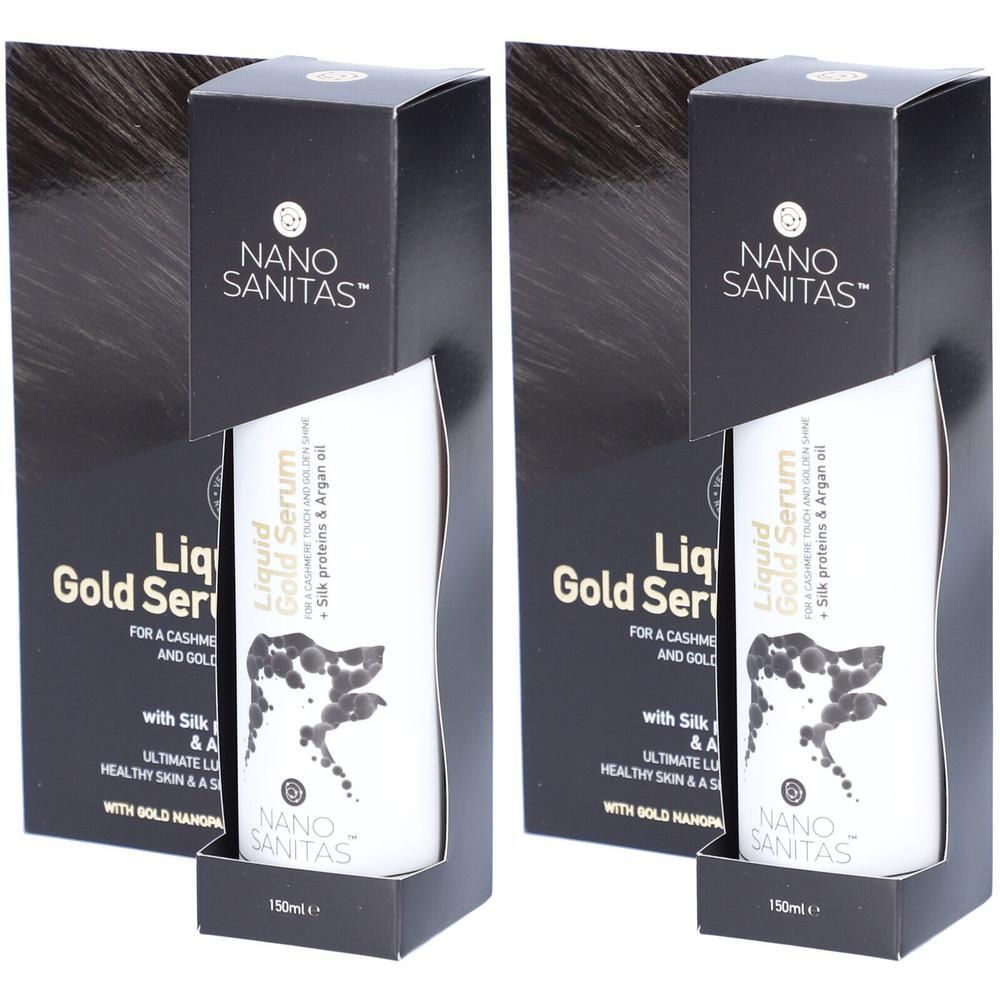 Zwei Packungen NanoSanitas Liquid Gold Serum mit je 150ml. Das Serum ist für Cashmere und Gold bestimmt.