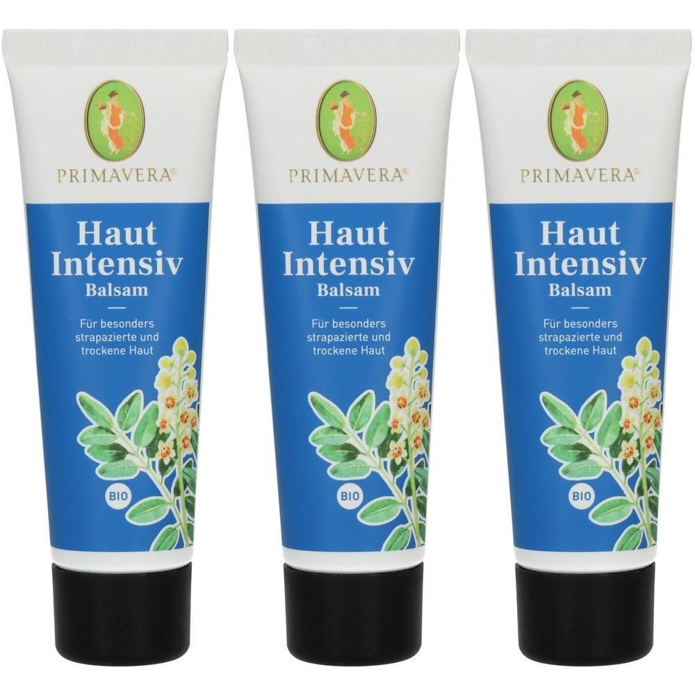 Drei Tuben Primavera Haut Intensiv Balsam mit Abbildung von Pflanzen und BIO-Siegel.