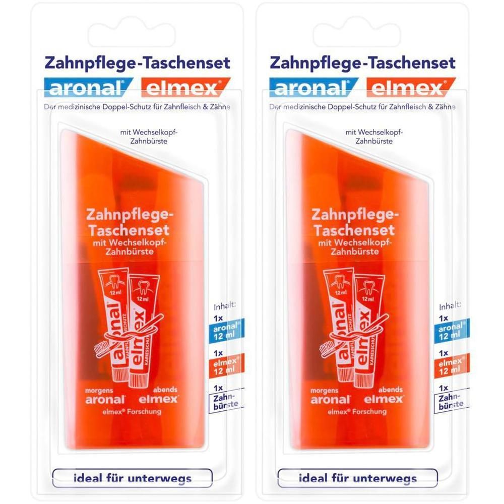 Zwei aronal und elmex Zahnpflege-Taschensets im Doppelpack, ideal für unterwegs.