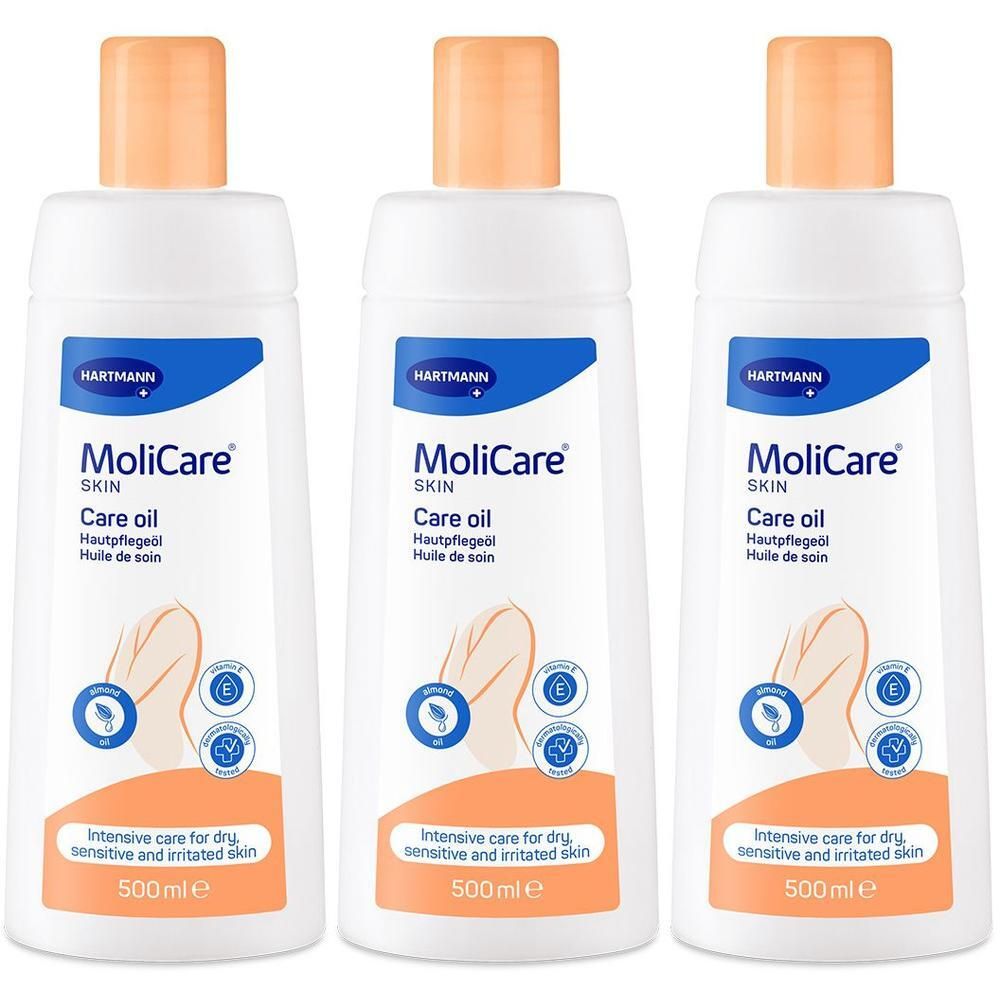 Drei Flaschen MoliCare Skin Hautpflegeöl mit orangefarbenen Verschlüssen und blauen Etiketten.