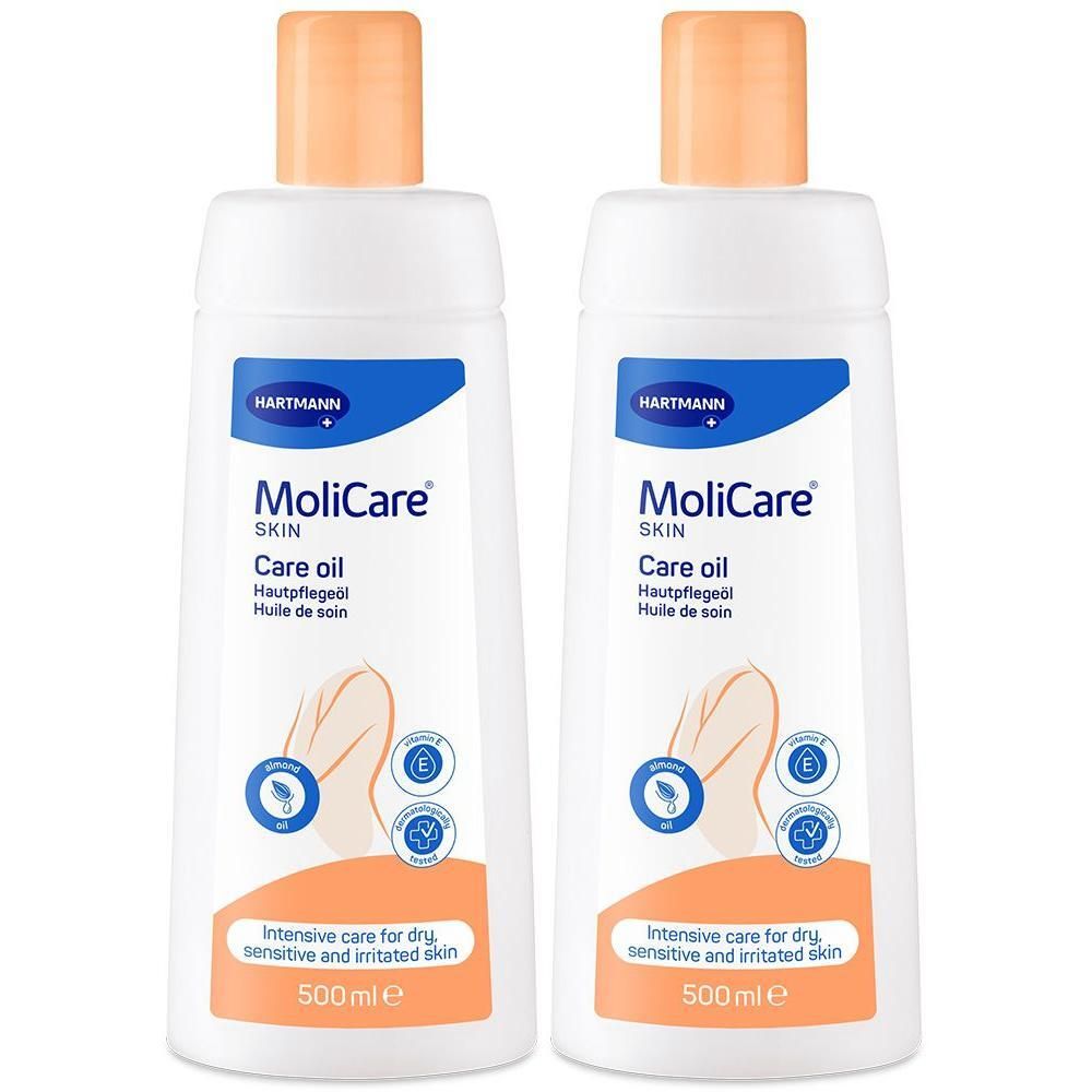 Zwei Flaschen MoliCare Skin Hautpflegeöl, je 500 ml, mit orangefarbenem Verschluss und Etikett.