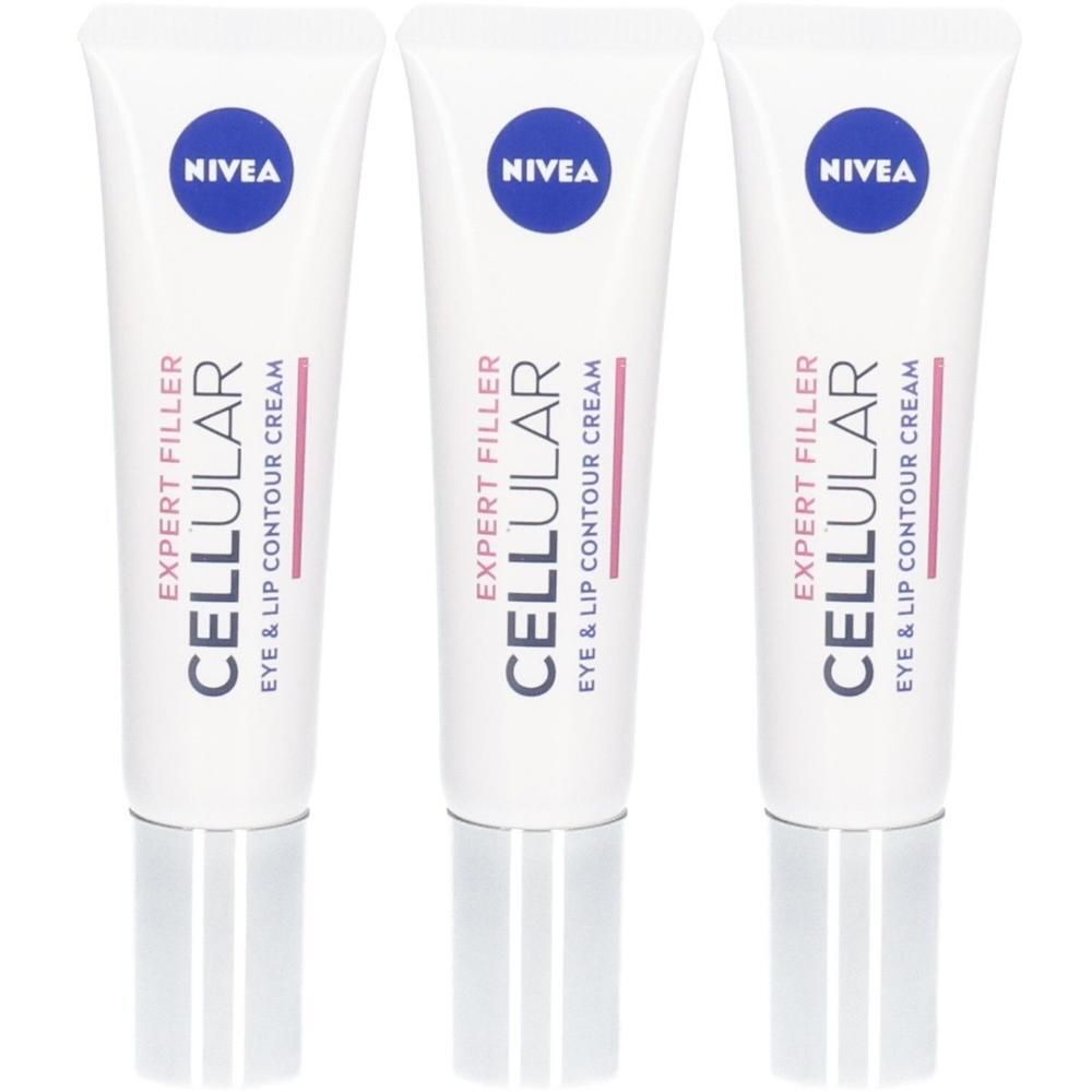 Drei NIVEA CELLULAR Expert Filler Augen- und Lippenkonturpflege-Tuben mit silbernen Kappen.