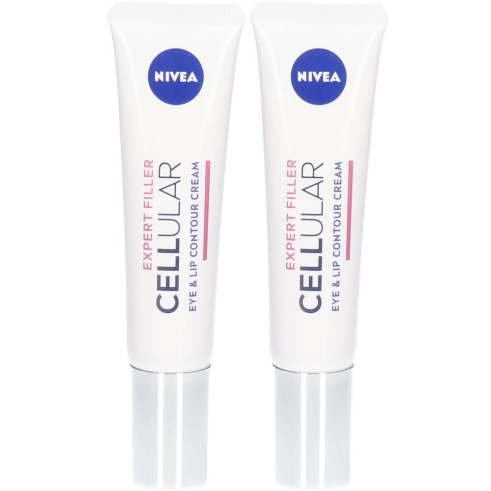 Zwei NIVEA CELLULAR Expert Filler Augen- und Lippenkonturpflege-Tuben mit silbernen Kappen.