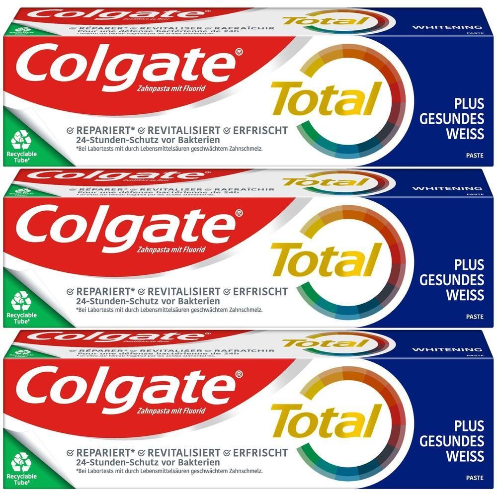 Drei Tuben Colgate Total Plus Gesundes Weiss Zahnpasta mit Fluorid.