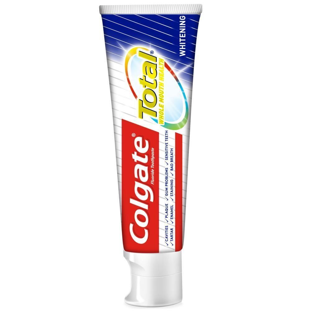 Colgate Total Zahnpasta Tube mit Aufdruck 'Whitening' und 'Whole Mouth Health'.