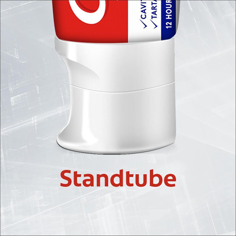 Nahaufnahme des Standfußes einer Zahnpastatube mit der Aufschrift 'Standtube'.