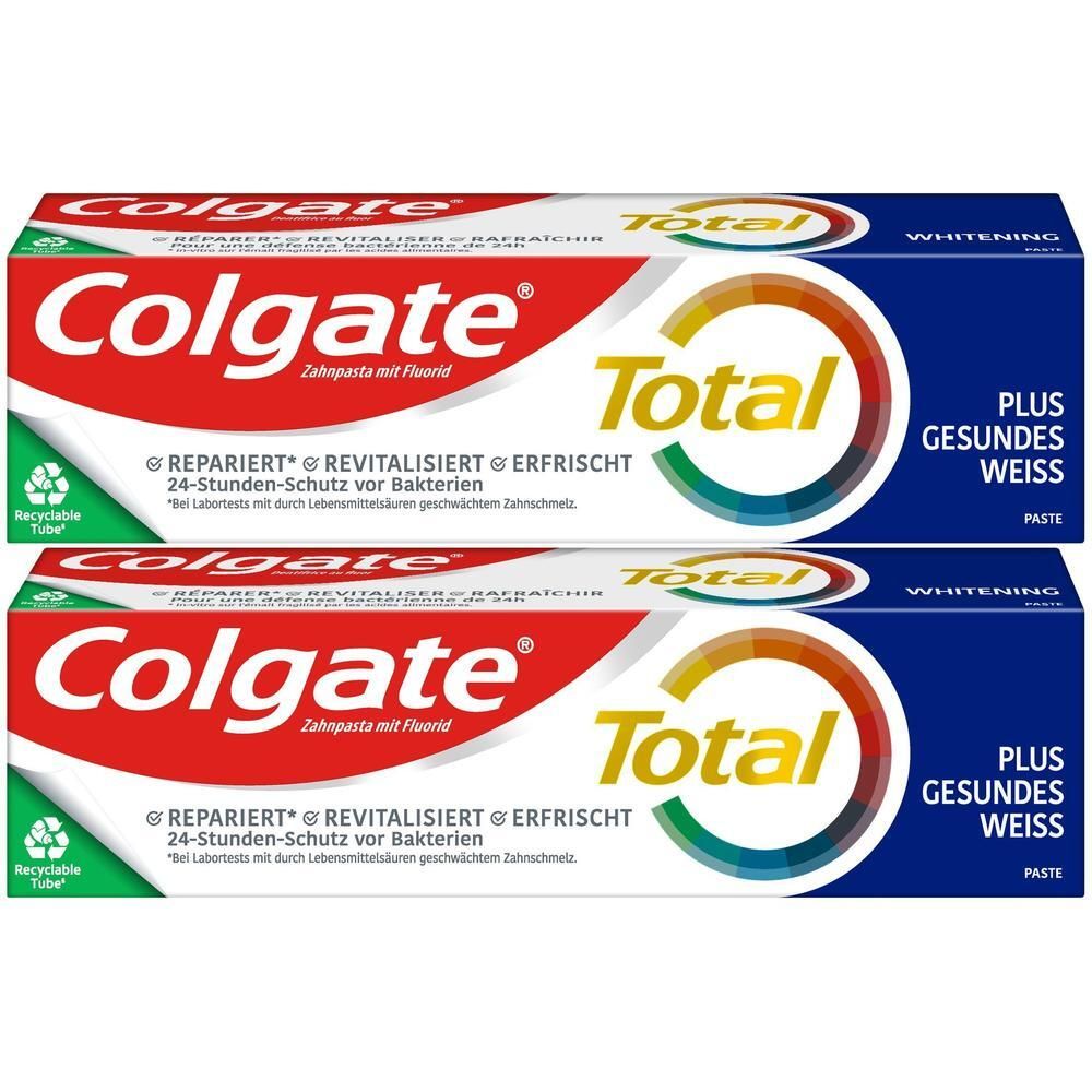 Zwei Packungen Colgate Total Plus Gesundes Weiss Zahnpasta mit Fluorid.