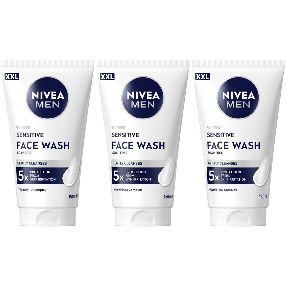 Drei Tuben NIVEA MEN Sensitive Gesichtswaschgel mit XXL-Größenangabe.