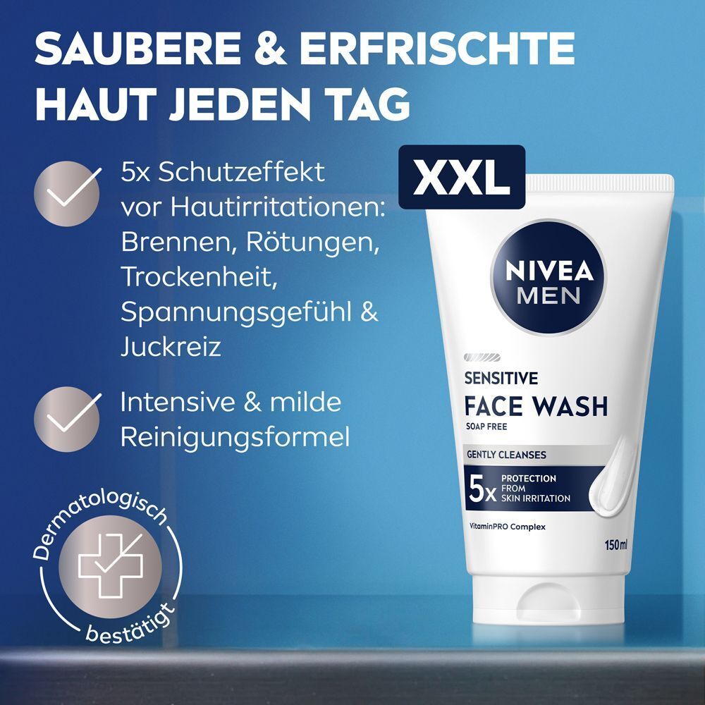 NIVEA MEN Sensitive Gesichtswaschgel: 5x Schutz vor Hautirritationen, dermatologisch bestätigt.
