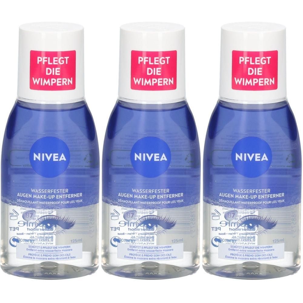 Drei NIVEA Wasserfester Augen Make-Up Entferner Flaschen mit blauer Flüssigkeit und weißem Deckel. Pflege die Wimpern.