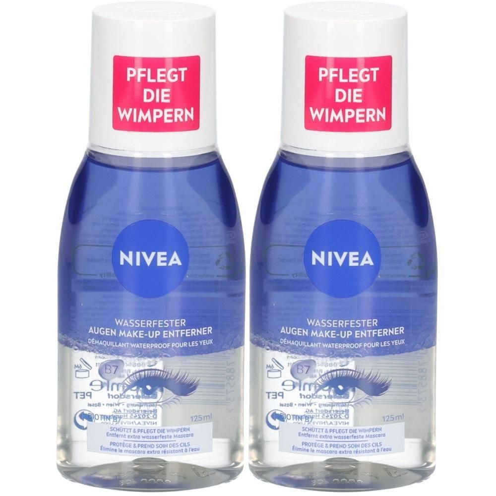 Zwei NIVEA Wasserfester Augen Make-Up Entferner Flaschen mit blauer Flüssigkeit und weißem Etikett.