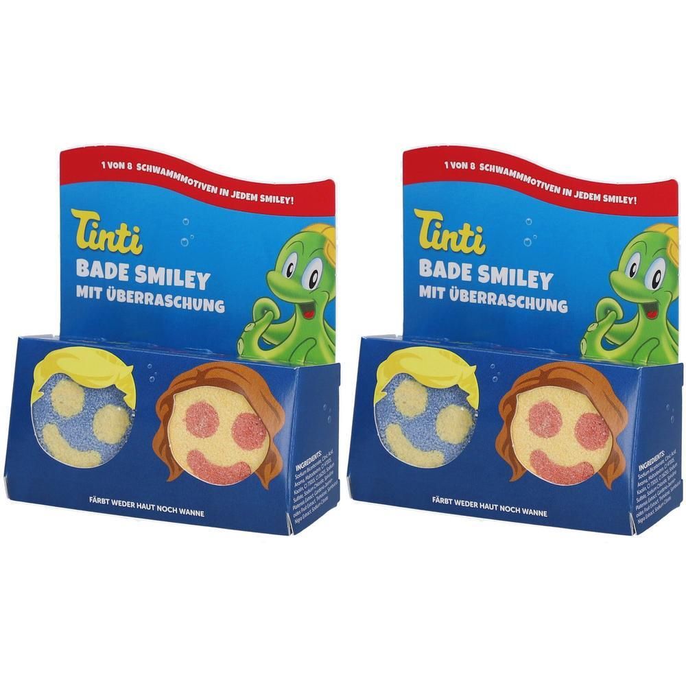 Zwei Tinti Bade Smiley mit Überraschung in Verpackung. Badekugeln mit Smiley-Gesicht und Haaren.