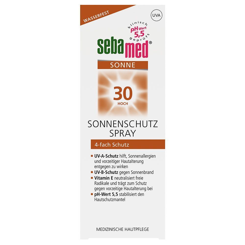 Weiße Flasche sebamed® Sonnenschutz Spray LSF 30 mit orangefarbenem Verschluss und detaillierter Produktinformation.