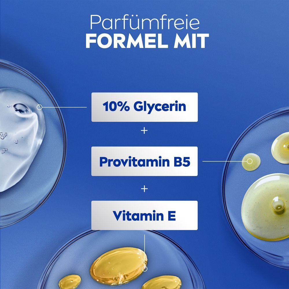 Formel mit 10% Glycerin, Provitamin B5 und Vitamin E für Nivea Repair & Care Body Lotion.