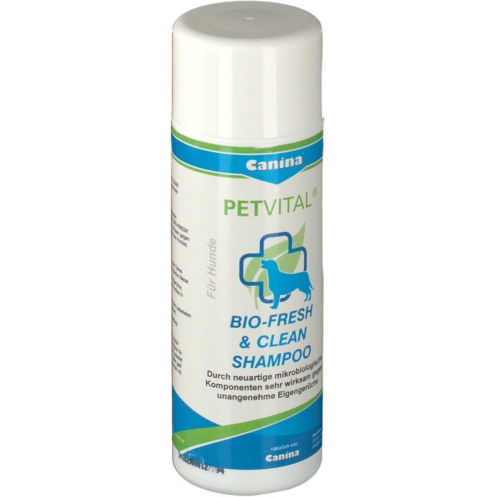Vorderseite einer Flasche Canina PETVITAL BIO-FRESH & CLEAN SHAMPOO für Hunde mit Hundesymbol und Kreuz.