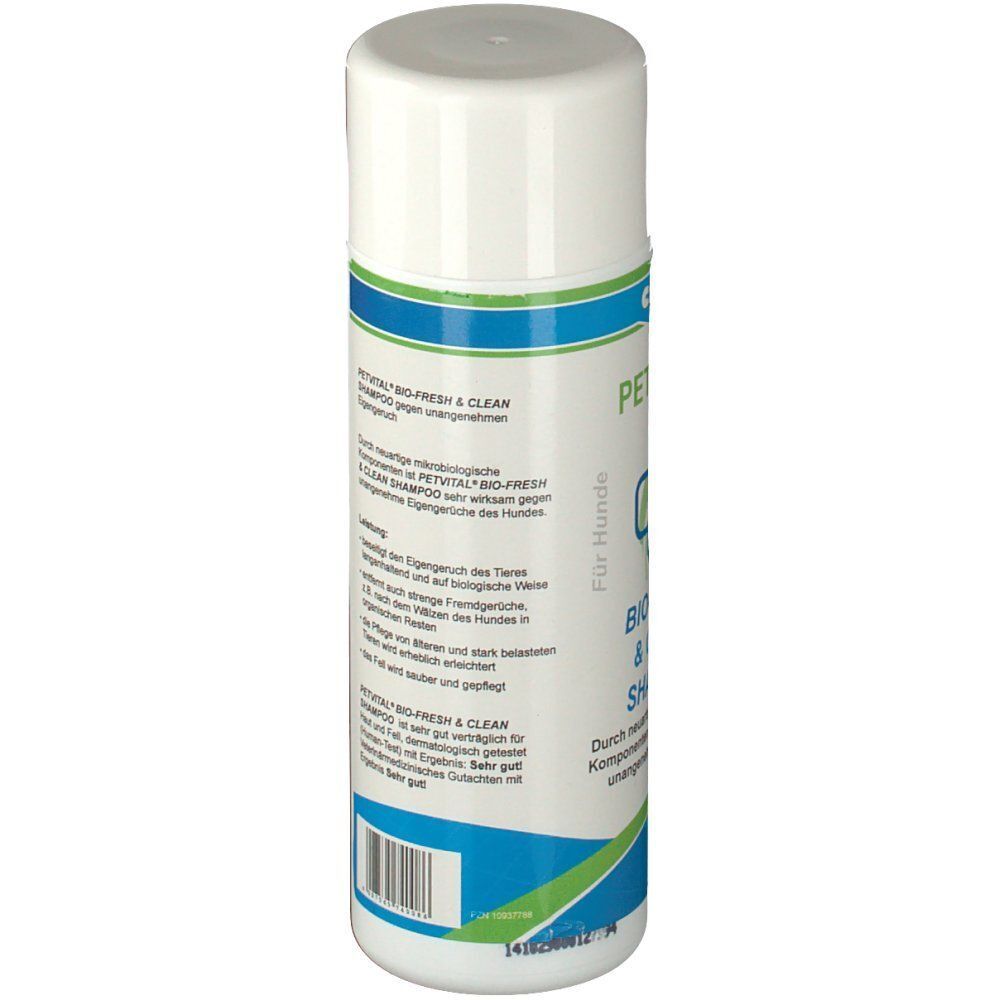 Seitenansicht einer Flasche Canina PETVITAL Bio-Fresh & Clean Shampoo mit Etikett und Barcode.