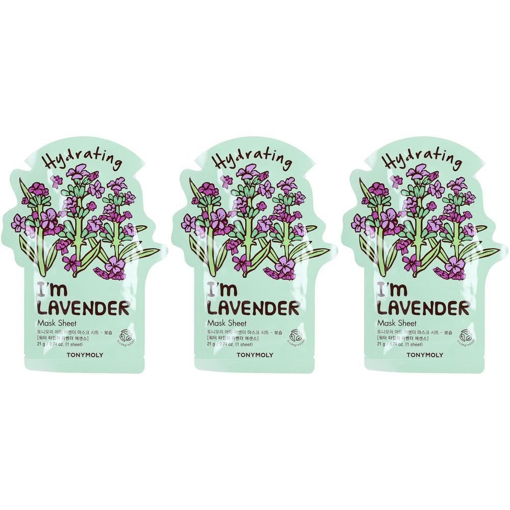 Drei TONYMOLY I'm Lavender Mask Sheets mit Lavendelblüten-Illustration.