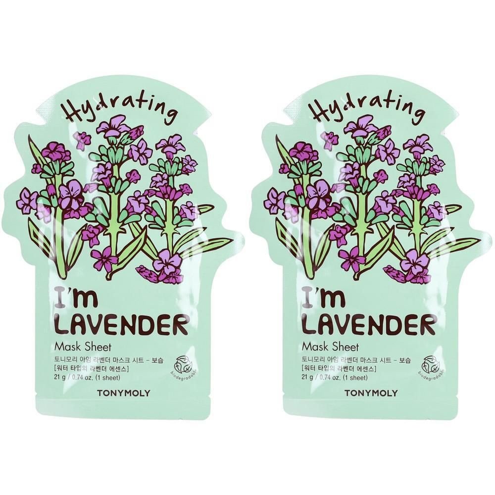 Zwei "I'm Lavender Mask Sheet" von TONYMOLY mit Lavendel-Illustrationen.