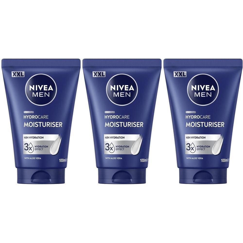 Drei NIVEA MEN HydroCare Feuchtigkeitscreme Tuben, je 100ml, mit Aloe Vera.