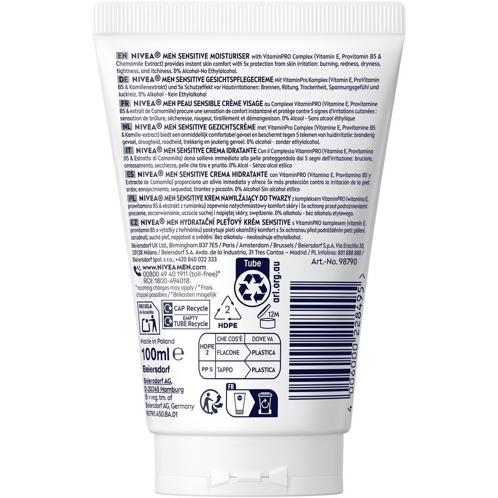 Rückseite einer Tube NIVEA MEN Sensitive Feuchtigkeitscreme mit Inhaltsstoffen und Anwendungshinweisen.
