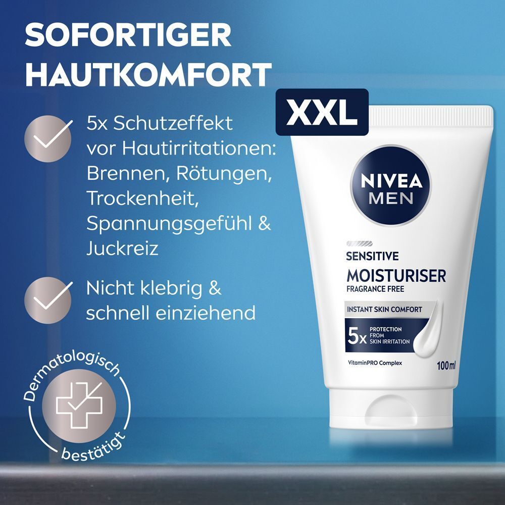 Tube NIVEA MEN Sensitive Feuchtigkeitscreme, XXL. Sofortiger Hautkomfort, 5x Schutz vor Irritationen.
