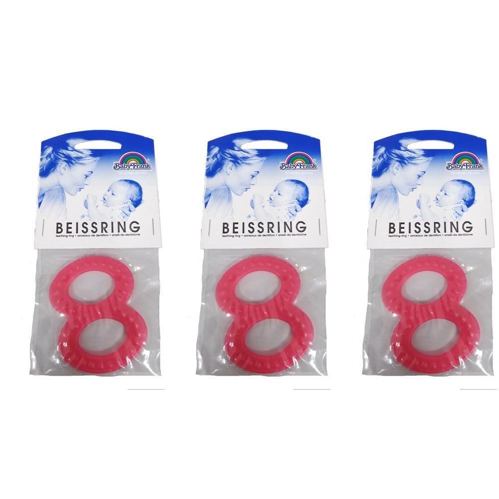 Drei rosa Beissringe in 8-Form, jeweils einzeln verpackt.