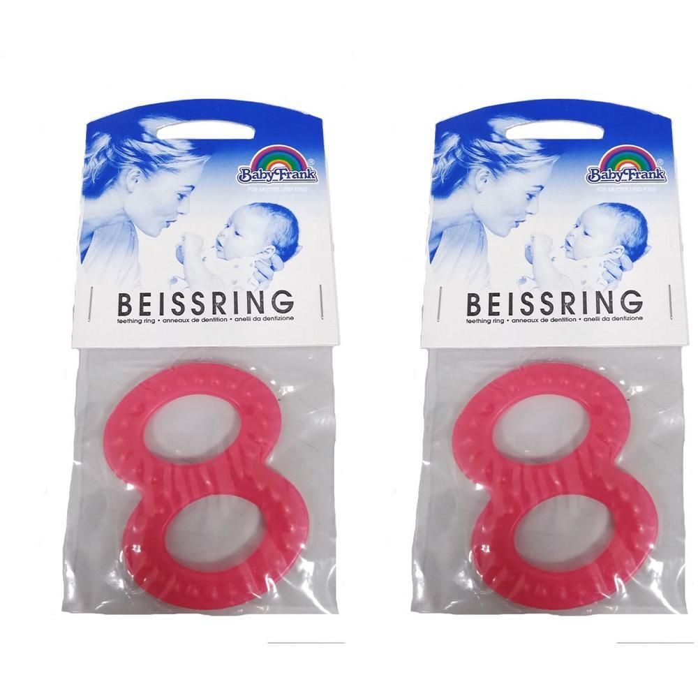 Zwei rosa Beissringe in Form einer Acht, verpackt.