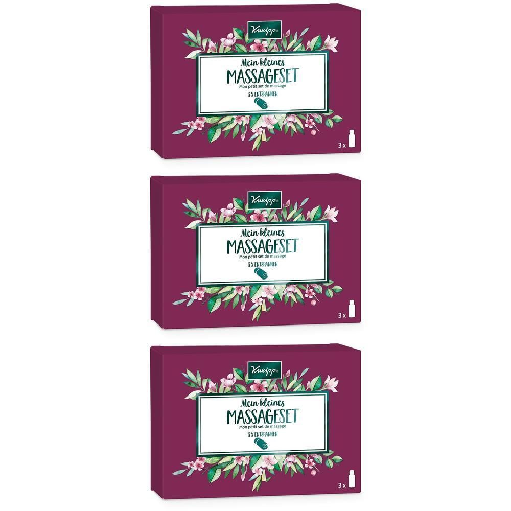 Drei Packungen Kneipp Mein kleines Massageset mit Blumen und Blättern verziert.