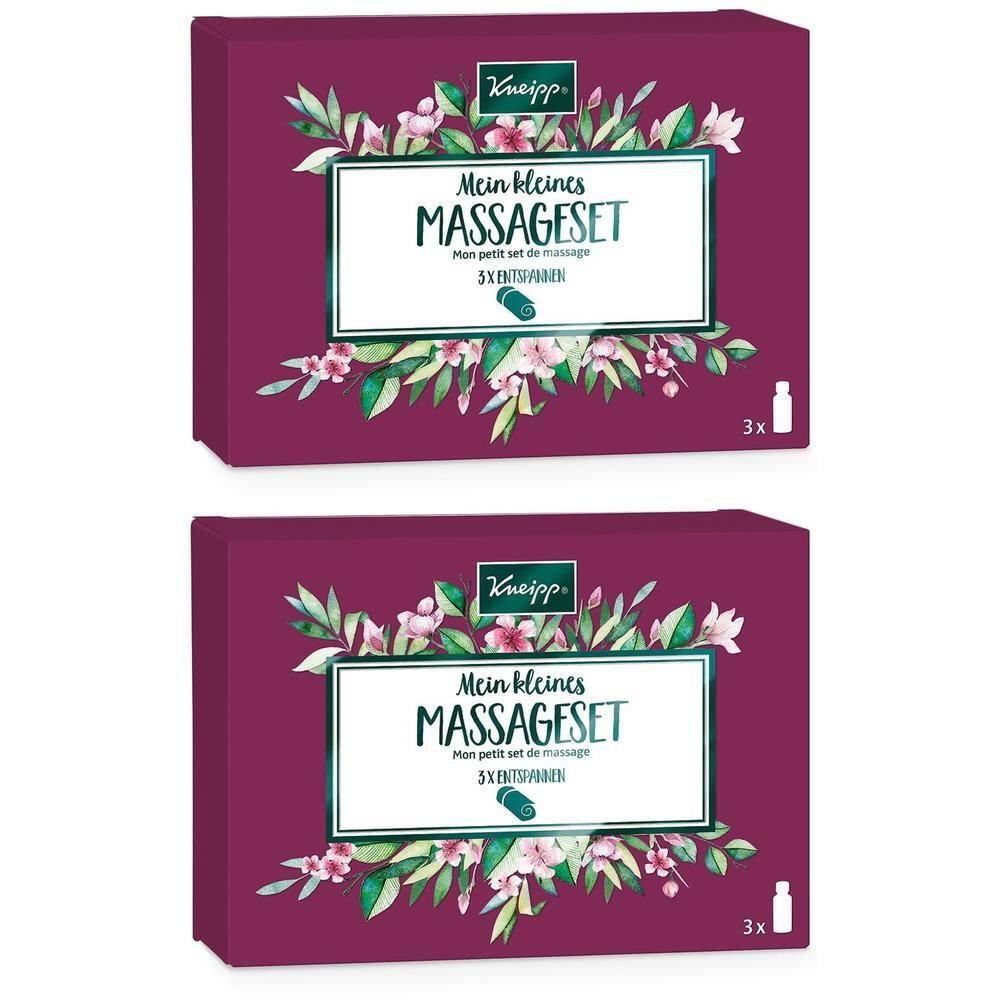 Zwei Packungen Kneipp Mein kleines Massageset mit floralem Design. Enthält 3x Duftöle.