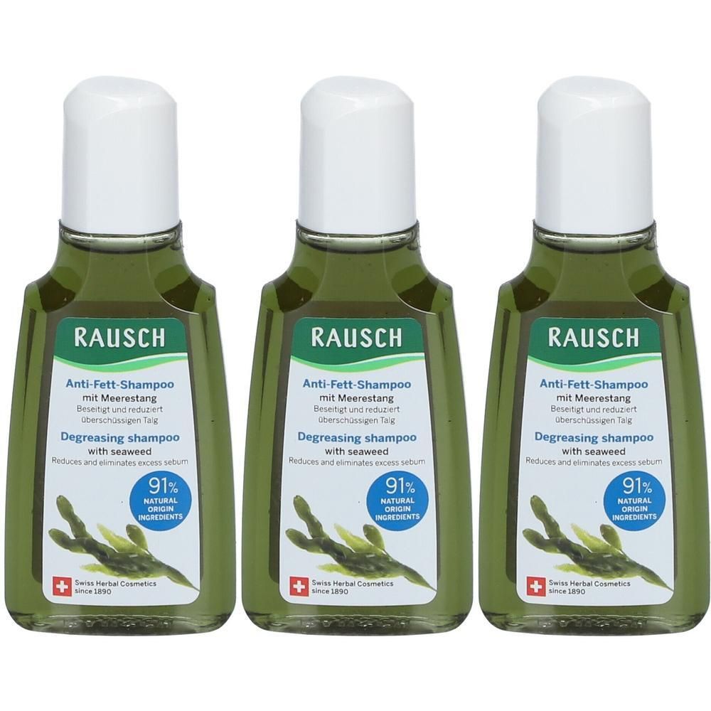 Drei Flaschen RAUSCH Anti-Fett-Shampoo mit Meeresalgen. Grüne Flüssigkeit, weiße Verschlüsse. 91% natürliche Inhaltsstoffe.