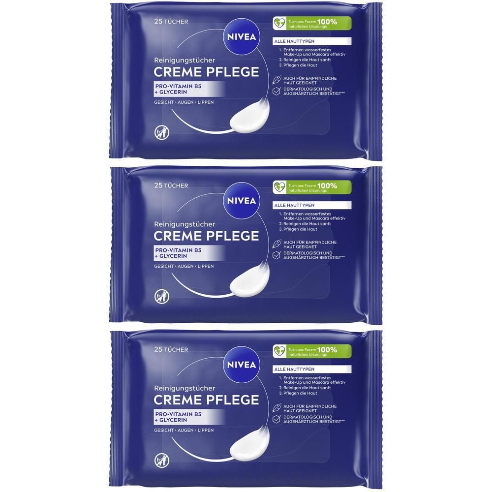 Drei Packungen NIVEA Reinigungstücher Creme Pflege mit 25 Tüchern.