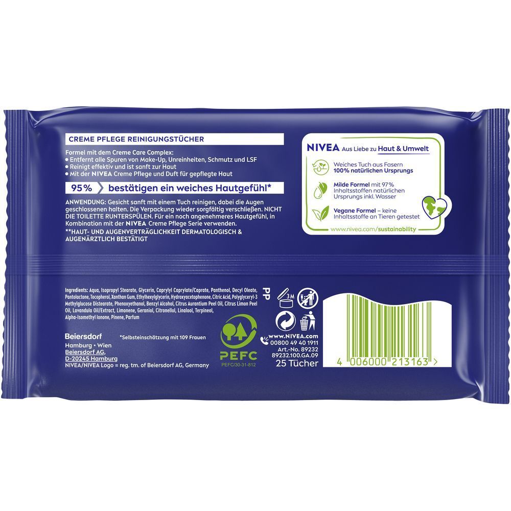 Rückseite einer NIVEA Reinigungstücher Creme Pflege Packung mit Inhaltsstoffen und Umweltinformationen.