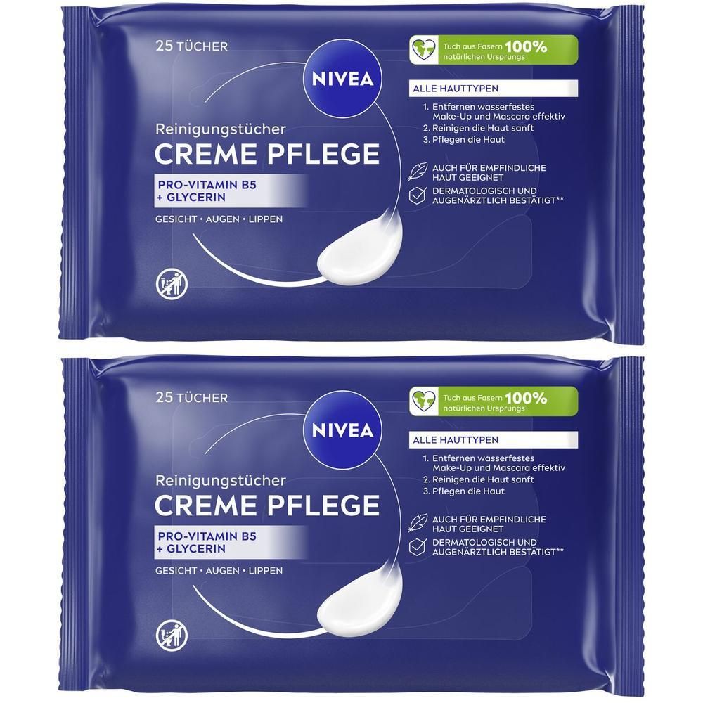 Zwei Packungen NIVEA Reinigungstücher Creme Pflege, 25 Tücher pro Packung.