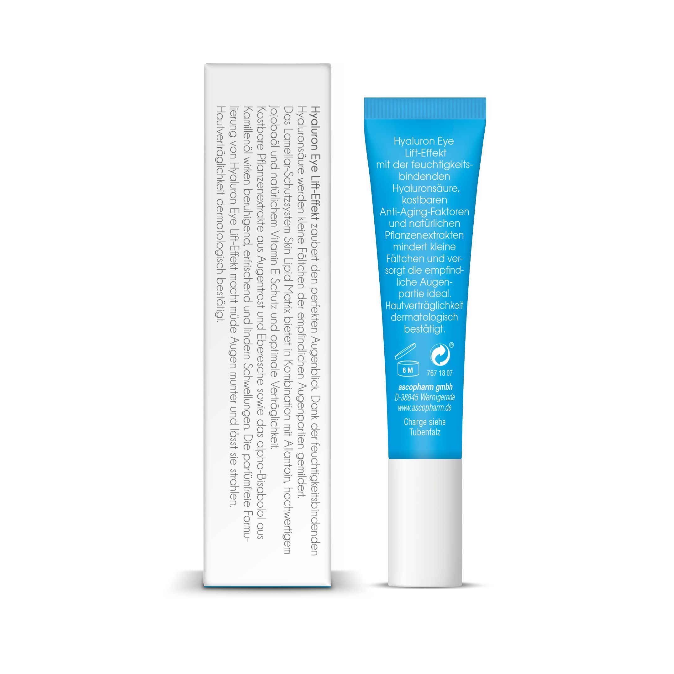 Rückseite einer Tube und Faltschachtel SOVITA Hyaluron Eye Lift-Effekt Augencreme mit Produktinformationen.
