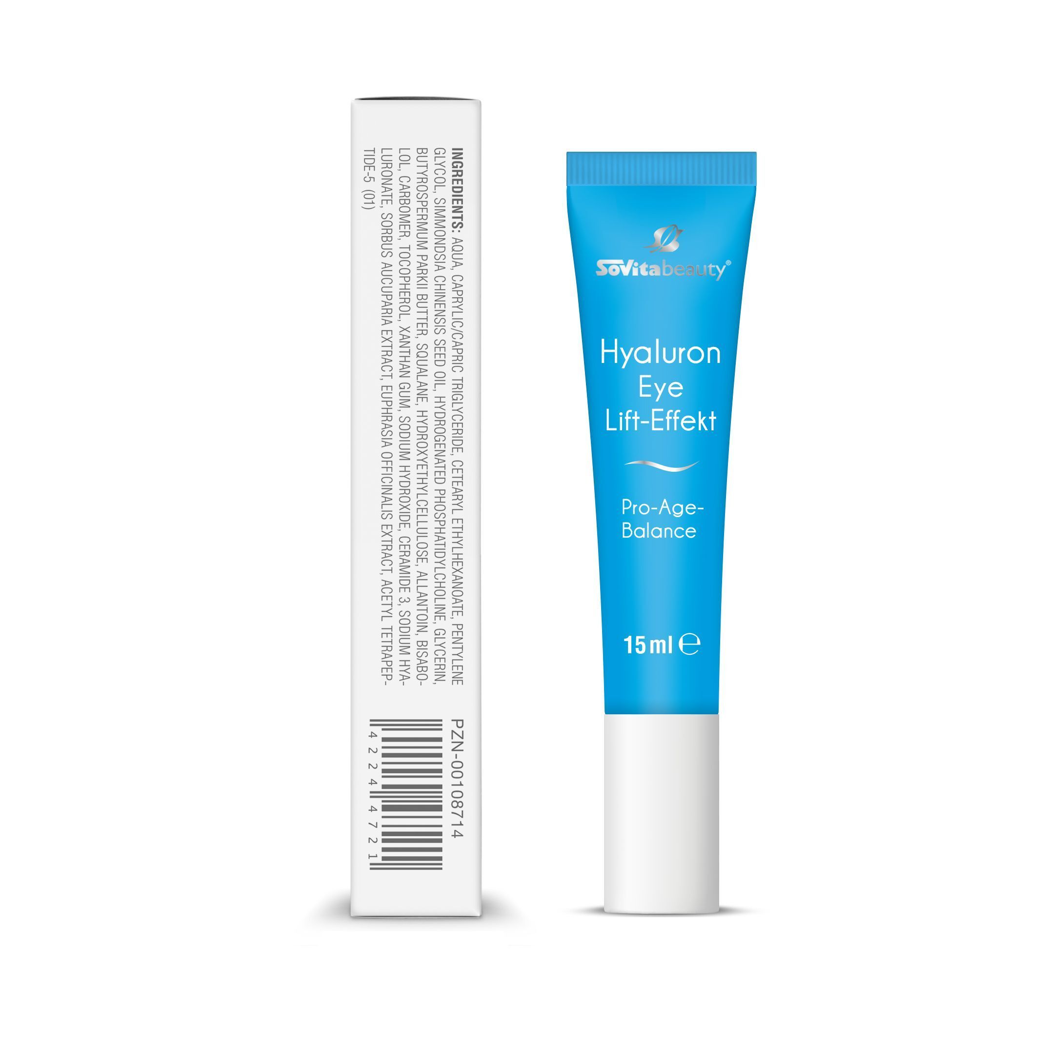 Vorderseite einer Tube und Faltschachtel SOVITA Hyaluron Eye Lift-Effekt Augencreme mit Inhaltsstoffangaben.