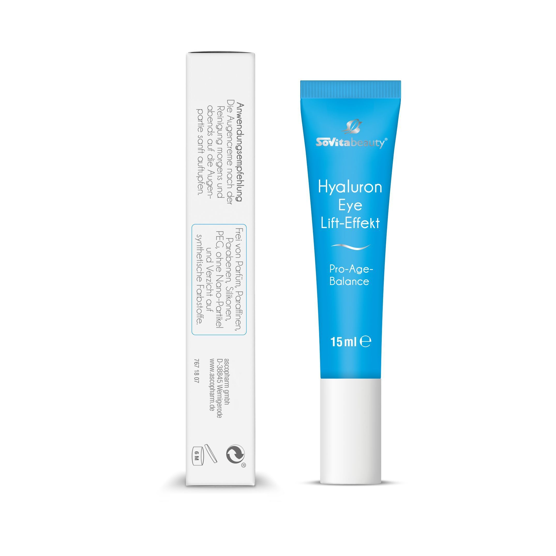 Seite einer Tube und Faltschachtel SOVITA Hyaluron Eye Lift-Effekt Augencreme mit Anwendungshinweisen.