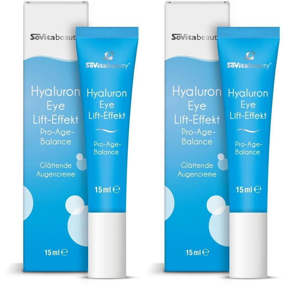 Zwei Tuben und Kartons SOVITA Beauty Hyaluron Eye Lift-Effekt Augencreme, je 15ml.