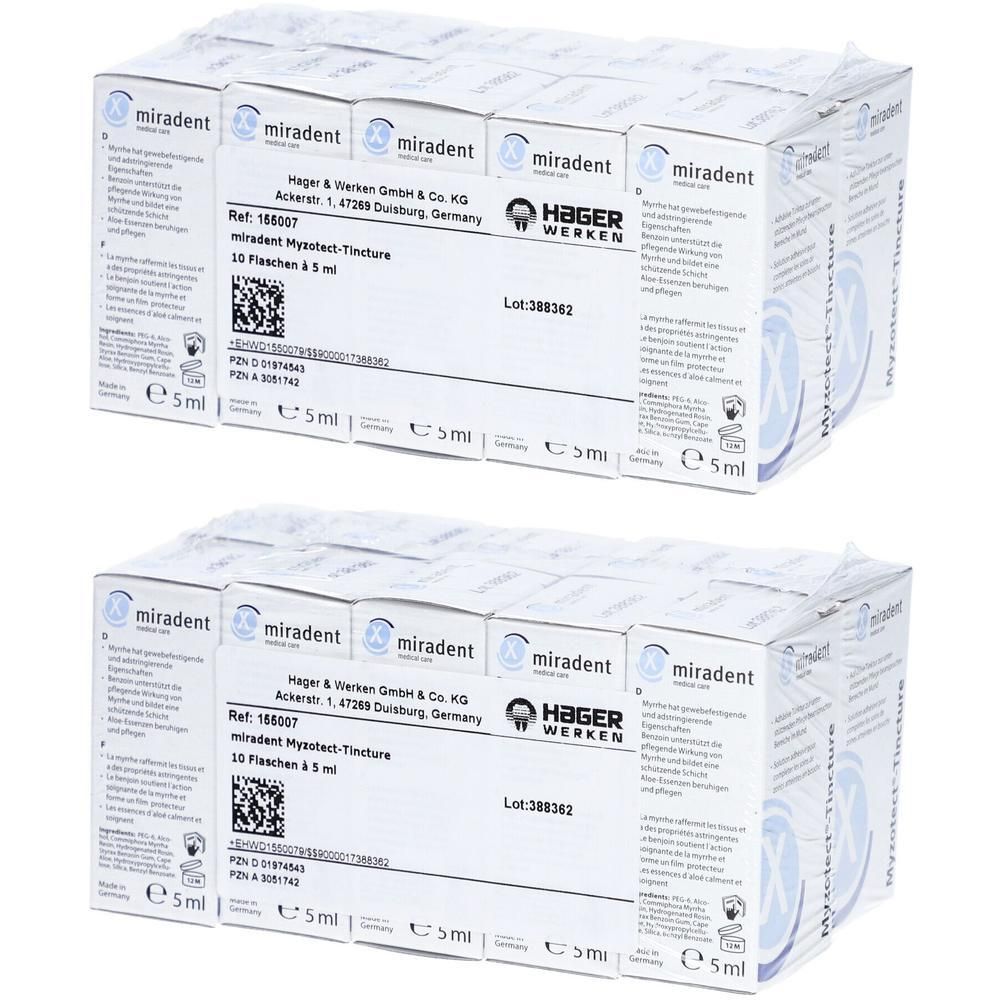 Zwei Packungen miradent Myzotect®-Tinktur, je 10 Fläschchen à 5 ml.