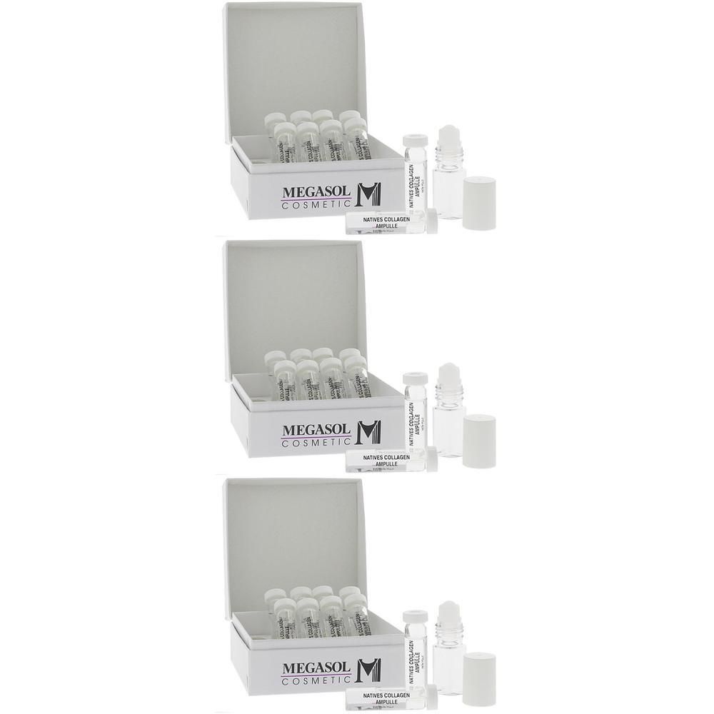 Drei Schachteln mit jeweils 10 Ampullen MEGASOL® Natives Kollagen und je einer separaten Ampulle.