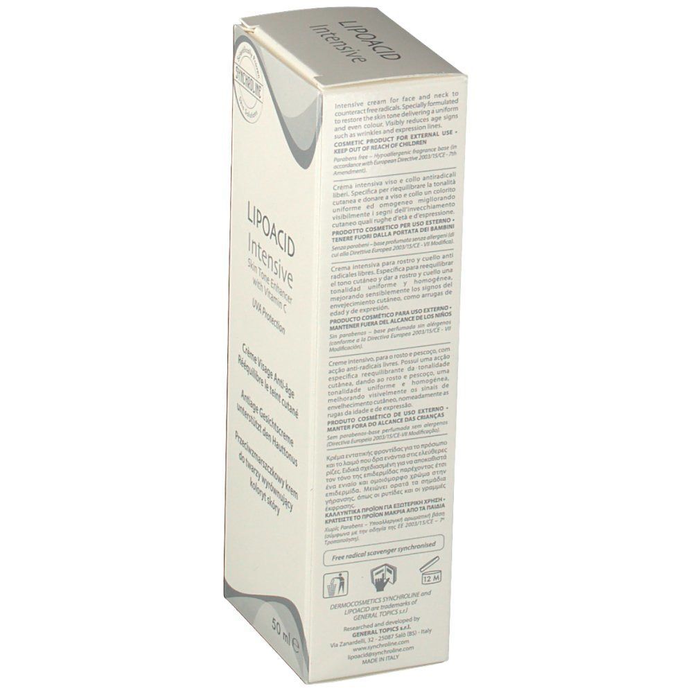 Faltschachtel SYNCHROLINE Lipoacid Intensiv Creme, Seite mit Text und Siegeln, 50 ml.