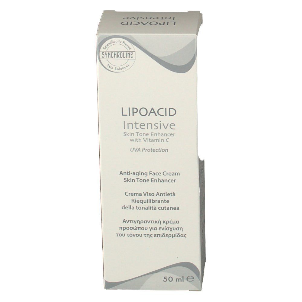 Faltschachtel SYNCHROLINE Lipoacid Intensiv Creme, Vorderseite mit Text, 50 ml.