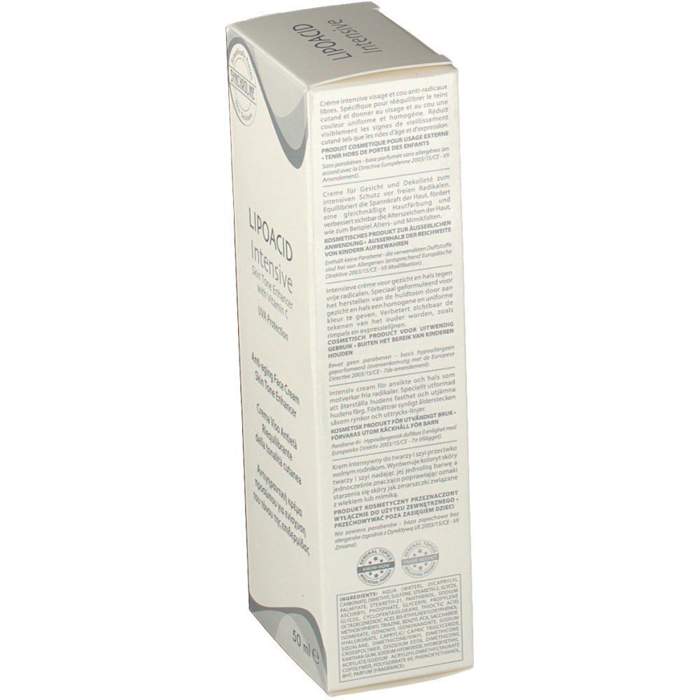 Faltschachtel LIPOACID Intensive Skin Tone Enhancer mit Vitamin C, Rückseite mit Text und Siegeln, 50 ml.
