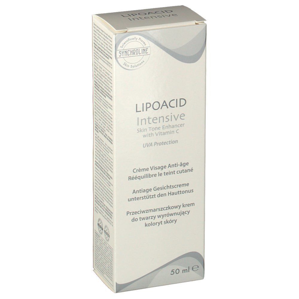 Faltschachtel LIPOACID Intensive Skin Tone Enhancer mit Vitamin C, Vorderseite mit Text, 50 ml.