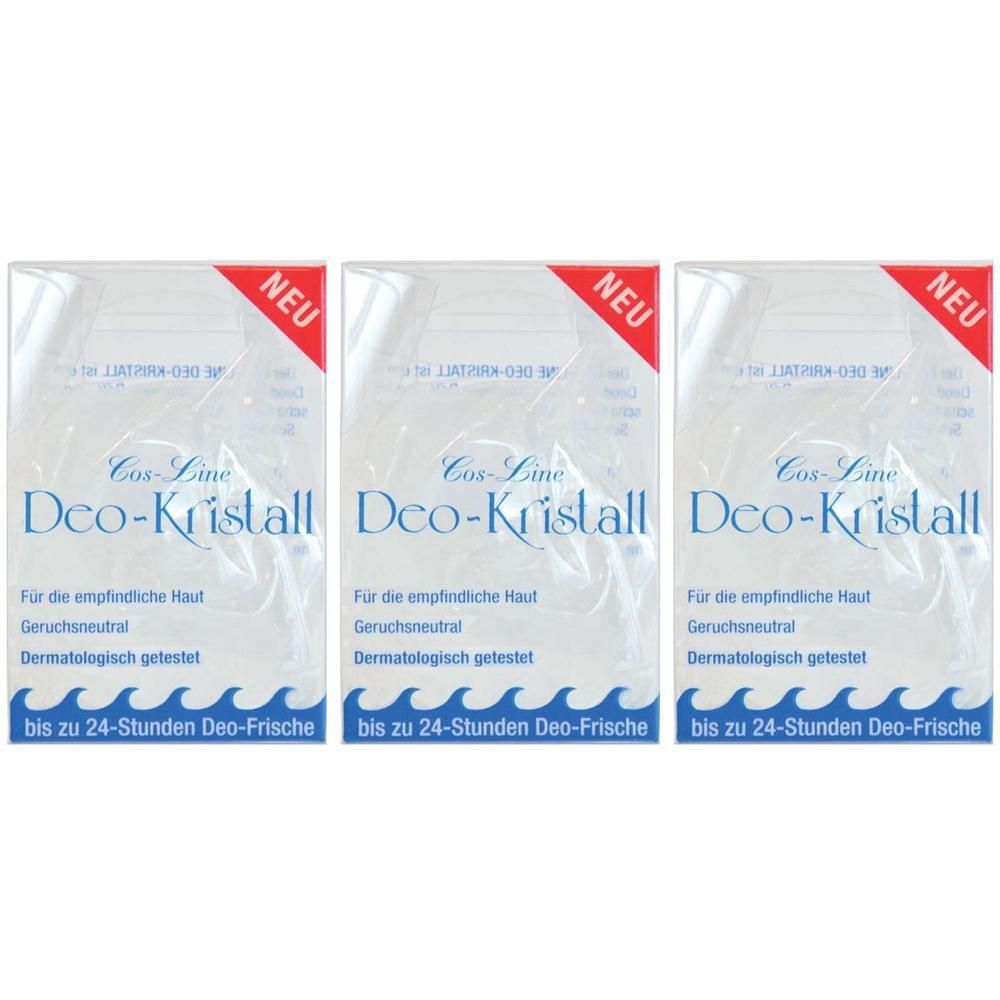 Drei Packungen Cos-Line Deo-Kristall, geruchsneutral, dermatologisch getestet, für empfindliche Haut.