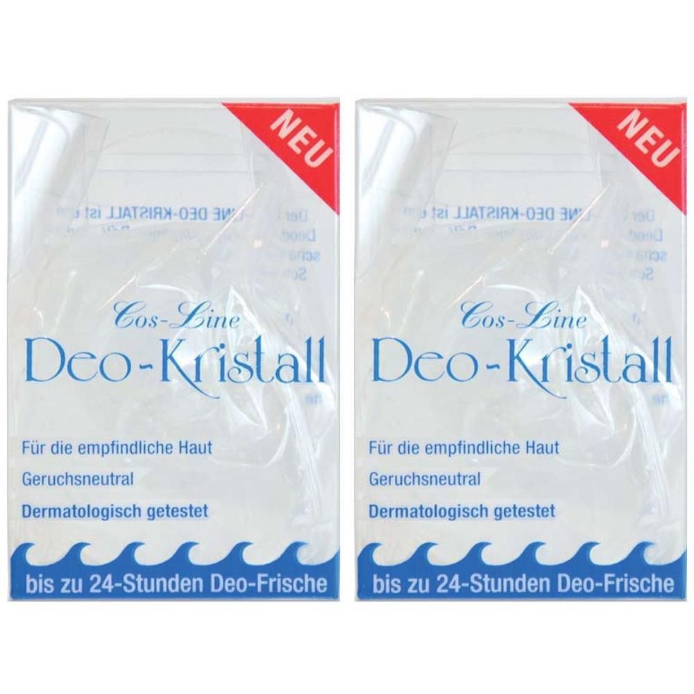 Zwei Packungen Cos-Line Deo-Kristall, geruchsneutral, dermatologisch getestet, für empfindliche Haut.