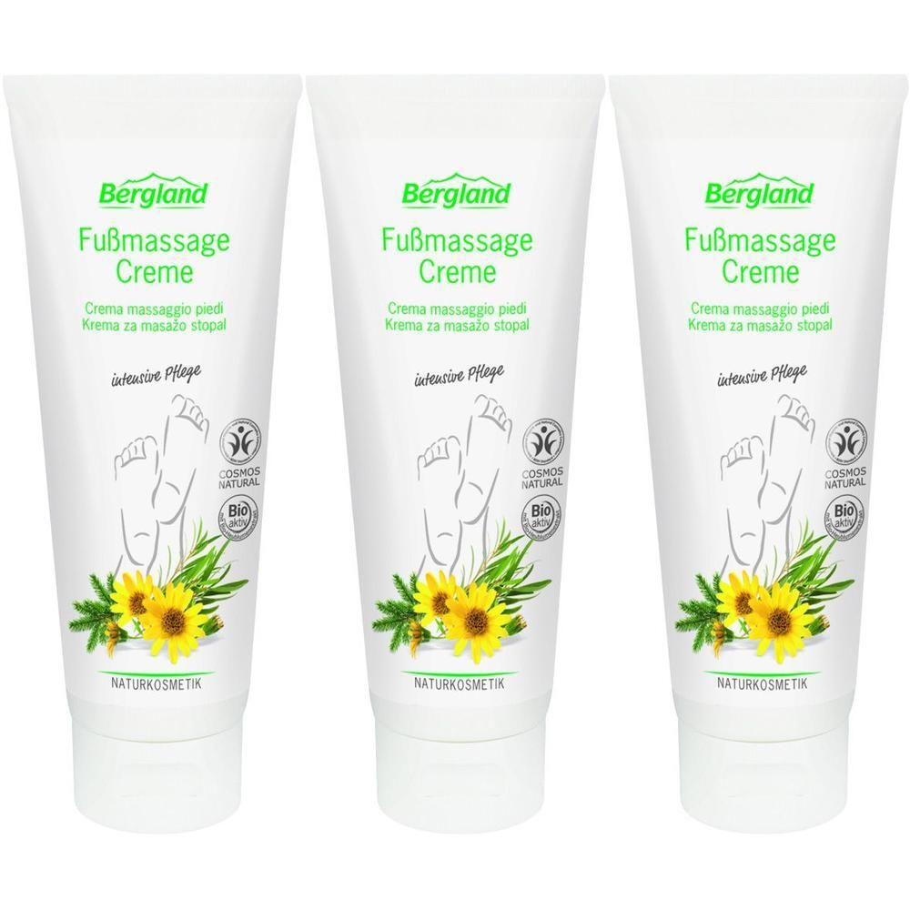 Drei Tuben Bergland Fußmassage Creme mit Abbildung von Füßen, Sonnenblumen und Kräutern. Naturkosmetik.