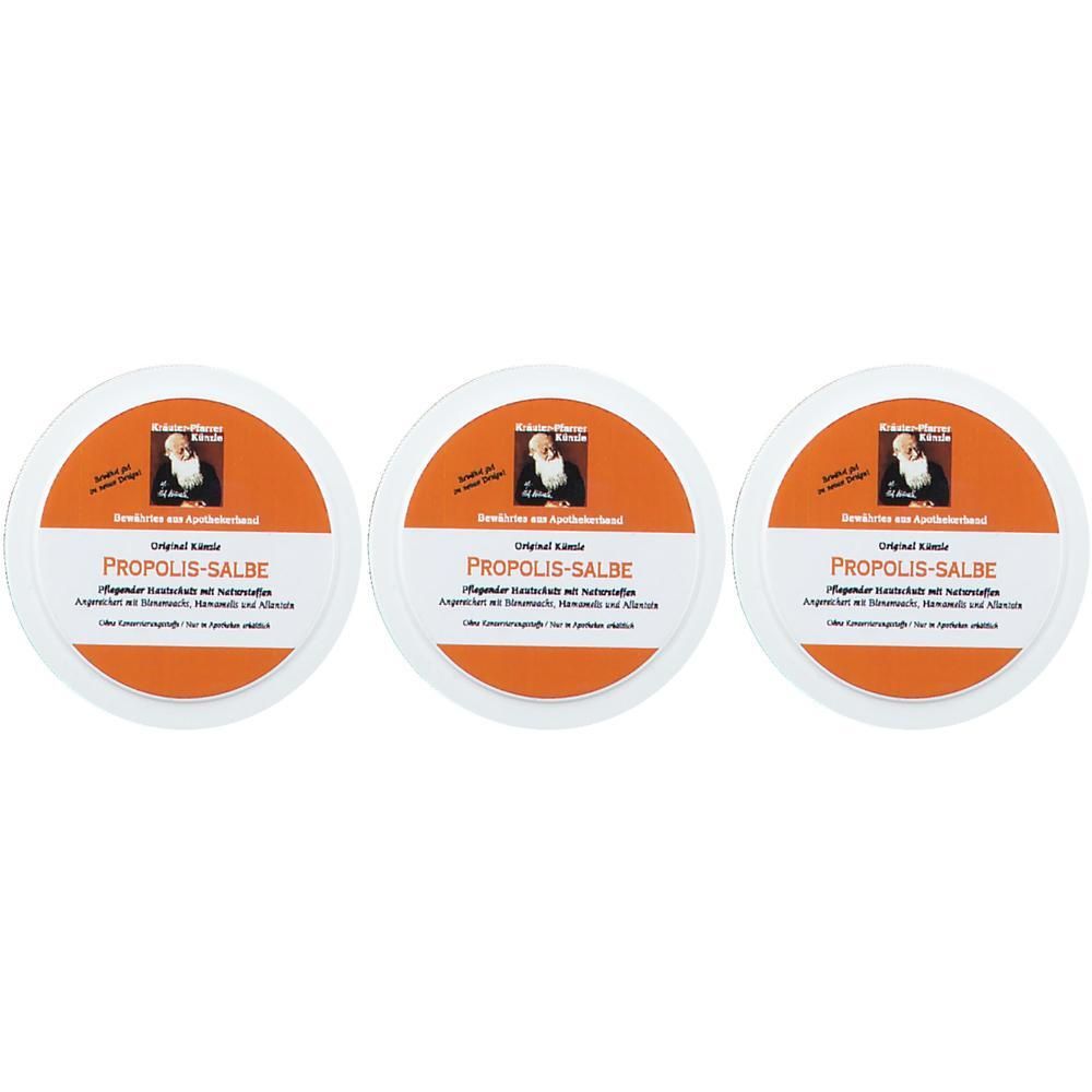 Drei runde Dosen Propolis-Salbe mit orangefarbenem Etikett und Porträt. Original Künzle.
