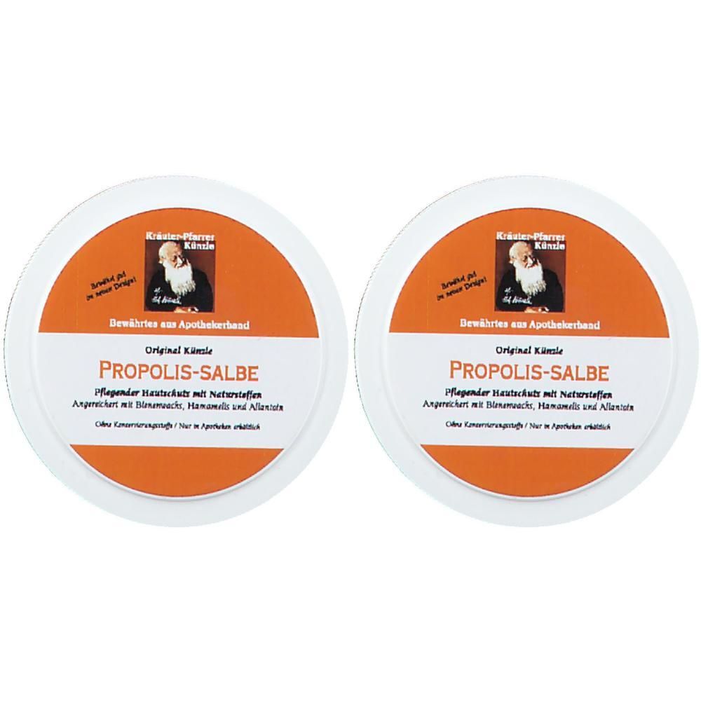 Zwei runde Dosen Propolis-Salbe mit Etiketten, die ein Bild eines Mannes und Produktinformationen zeigen.